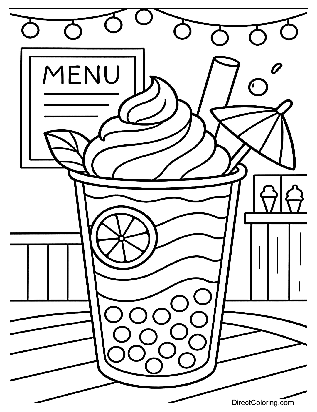 Rainbow iced milk tea coloring page with colored beads, sweet shop in the background with chalk menu board and hanging lights.